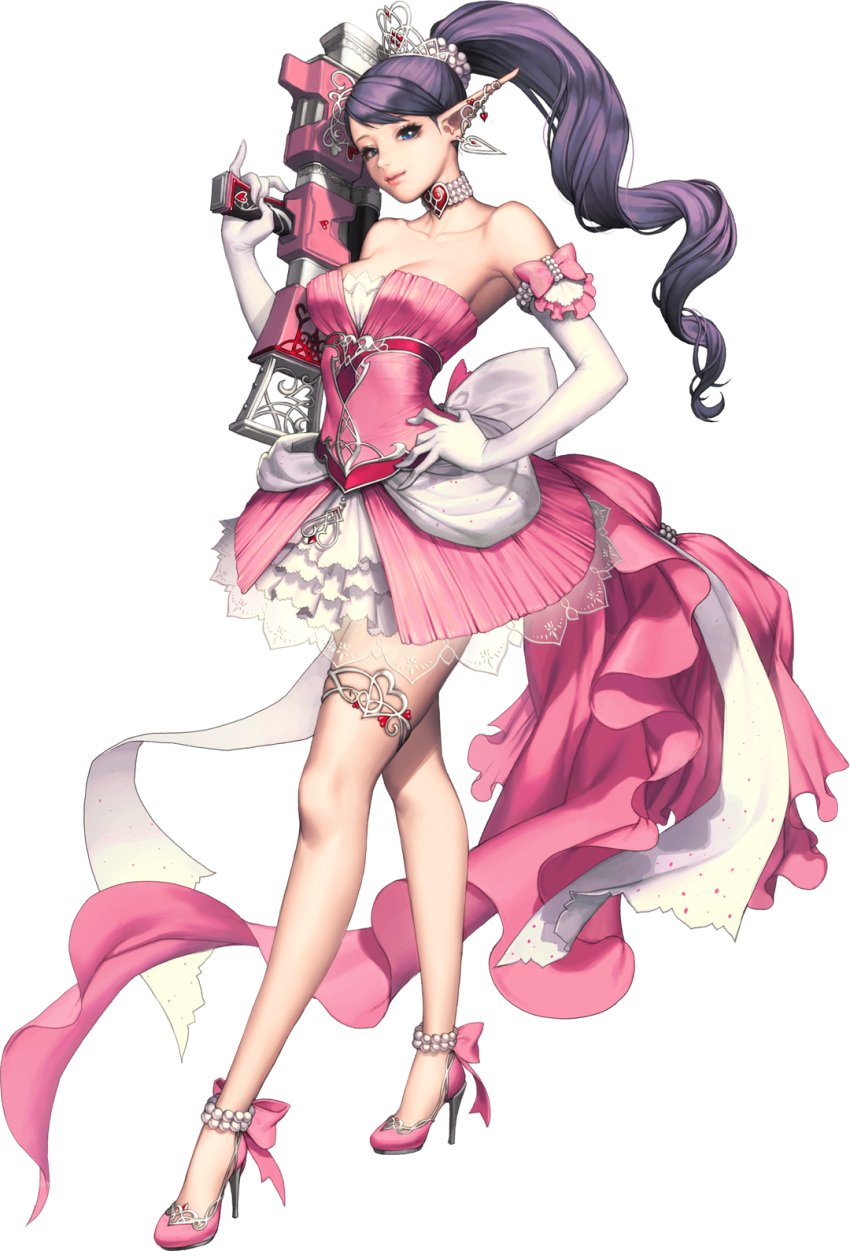 1girl agnes_(chaos_online) alpha_transparency blue_eyes breasts chaos_heroes_online choker elbow_gloves gloves gun high_heels highres long_hair love_cacao official_art pointy_ears ponytail purple_hair simple_background solo transparent_background weapon