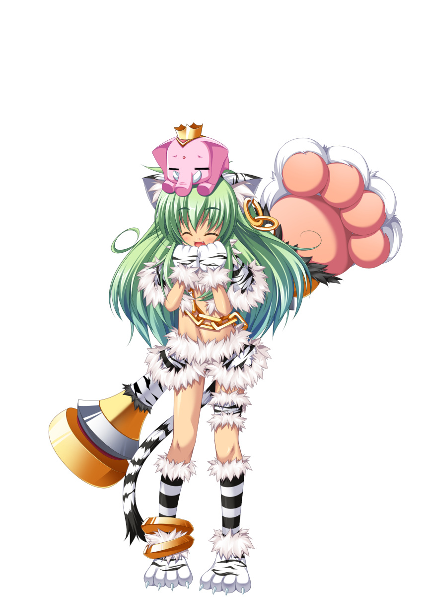 animal_ears anklet cat_ears chain closed_eyes crop_top earrings elephant gloves green_hair highres jewelry koihime_musou kuwada_yuuki long_hair midriff moukaku navel paw_gloves polearm skirt smile tail weapon