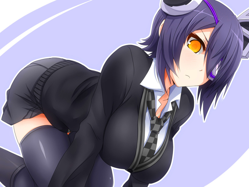 1girl black_legwear breasts eyepatch kantai_collection large_breasts necktie purple_hair short_hair skirt solo tenryuu_(kantai_collection) thigh-highs watarui yellow_eyes