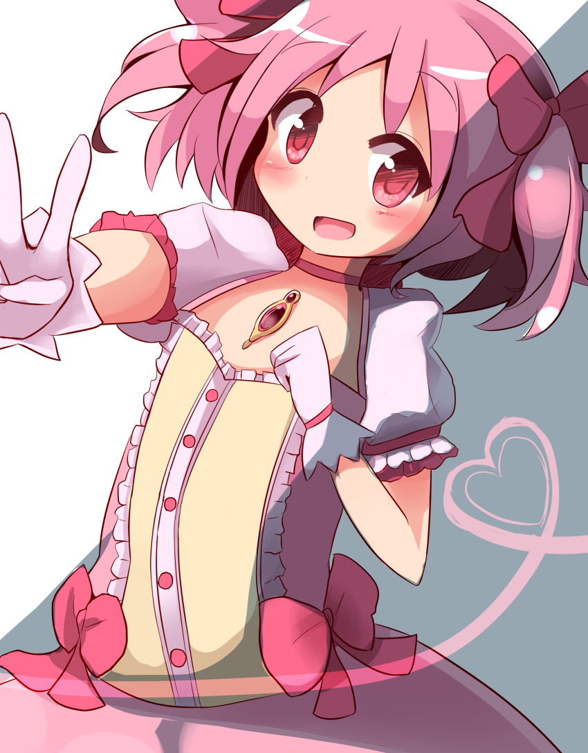absurdres gloves highres kaname_madoka mahou_shoujo_madoka_magica pachio pink_eyes pink_hair school_uniform short_hair short_twintails twintails v white_gloves