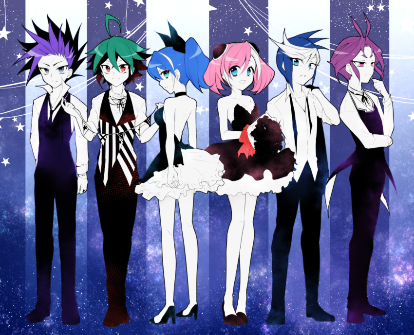 4boys black_hair blonde_hair blue_hair bouquet bow dress flower formal frills green_hair hair_bow hiiragi_yuzu multicolored_hair multiple_boys necktie pink_hair ponytail purple_hair redhead sakaki_yuuya serena_(yuu-gi-ou_arc-v) shiunga315 short_twintails smile twintails two-tone_hair vest yugo_(yuu-gi-ou_arc-v) yuri_(yuu-gi-ou_arc-v) yuto_(yuu-gi-ou_arc-v) yuu-gi-ou yuu-gi-ou_arc-v