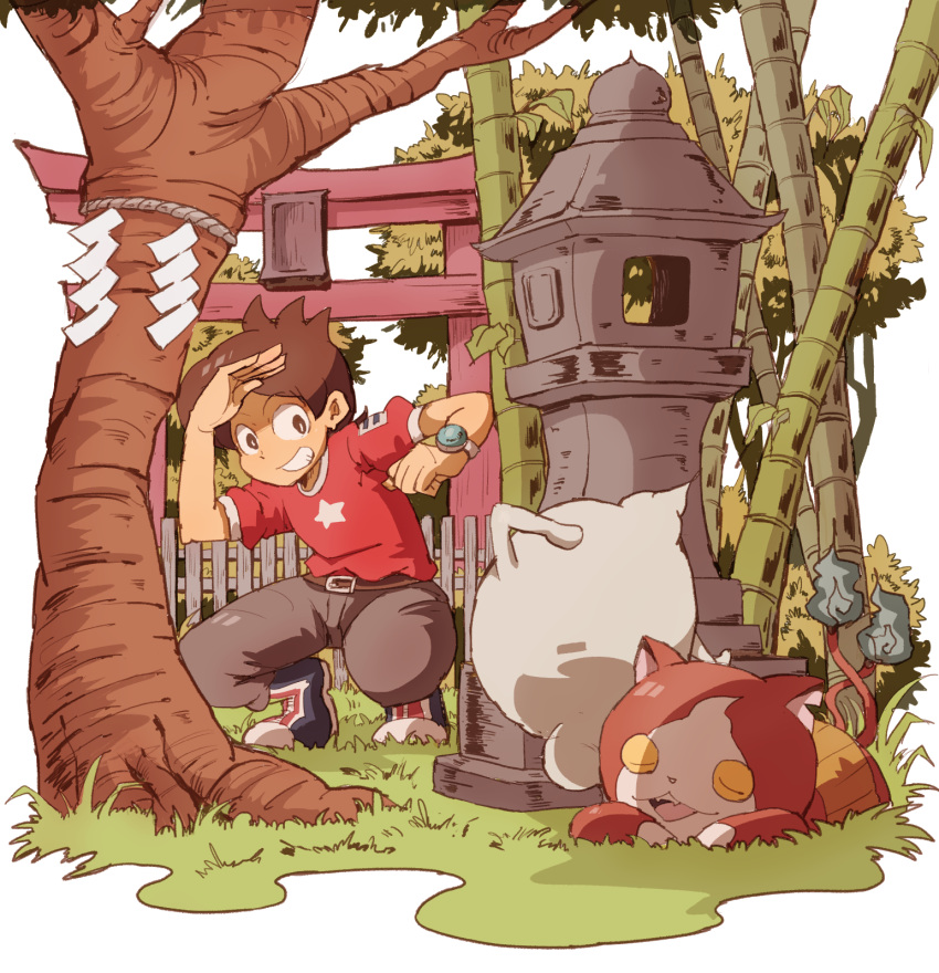 1boy amano_keita amazou bamboo belt boots brown_hair cat closed_eyes fangs ghost grass grin highres jibanyan lying multiple_tails notched_ear on_stomach open_mouth outdoors short_hair sleeping smile squatting star stone_lantern tail torii tree two_tails watch watch whisper_(youkai_watch) white_background youkai youkai_watch youkai_watch_(object)