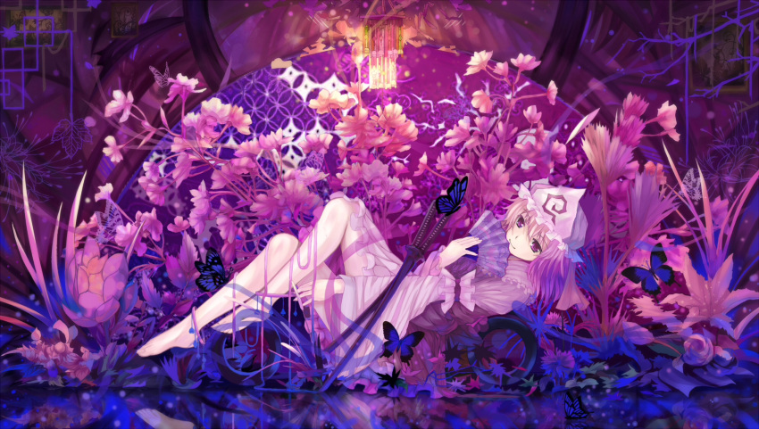 1girl anklet arm_garter barefoot butterfly dead_line fan fingernails flower folding_fan highres japanese_clothes jewelry kimono lavender_hair legs_up looking_at_viewer lying mob_cap on_back reflection saigyouji_yuyuko saigyouji_yuyuko's_fan_design sash smile solo sword touhou triangular_headpiece violet_eyes weapon wind_chime