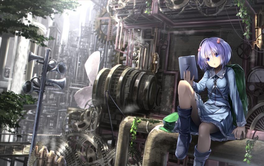 1girl backpack bag blue_boots blue_eyes blue_hair boots bridge frilled_shirt_collar frilled_skirt frills gears hair_bobbles hair_ornament hat headwear_removed kawashiro_nitori key long_sleeves one_leg_raised open_mouth pipes ryosios short_hair sitting skirt solo steam tablet_pc tagme touhou tree twintails