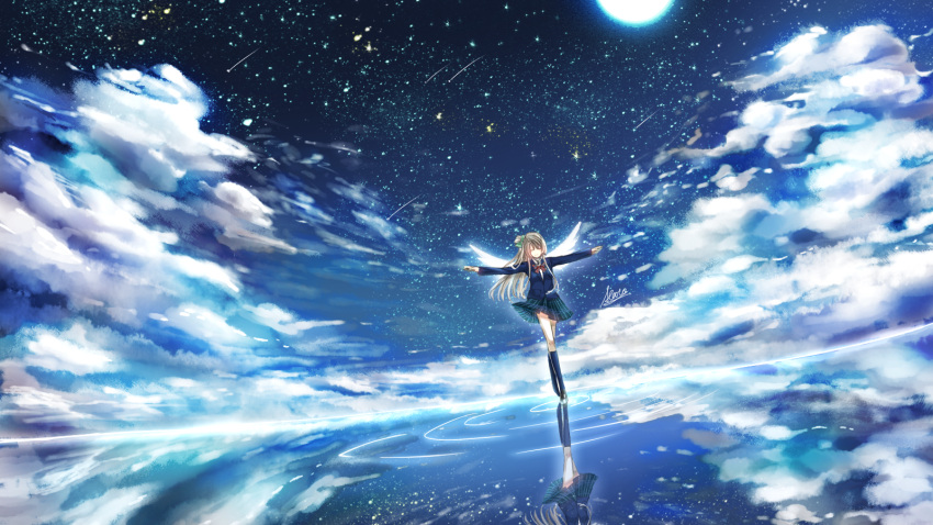 1girl angel_wings atatos blazer boots brown_hair clouds cloudy_sky green_ribbon highres knee_boots long_hair love_live!_school_idol_project minami_kotori night night_sky red_ribbon ribbon school_uniform shooting_star side_ponytail skirt sky solo water wings