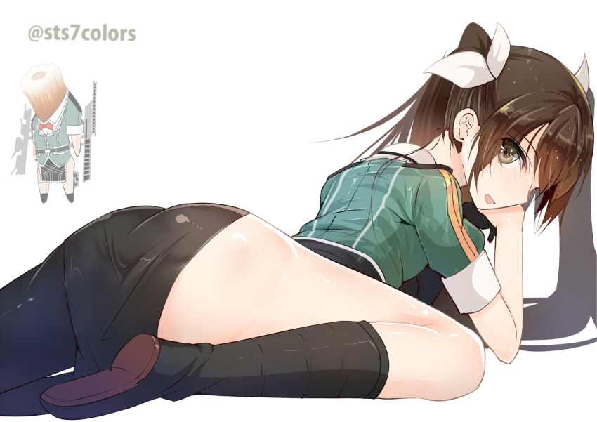 2girls brown_eyes brown_hair chikuma_(kantai_collection) chikuwa food hair_between_eyes hair_ribbon kantai_collection long_hair multiple_girls namesake no_panties open_mouth pun remodel_(kantai_collection) ribbon side_slit single_thighhigh skirt smile sts thigh-highs tone_(kantai_collection) twintails twitter_username white_background