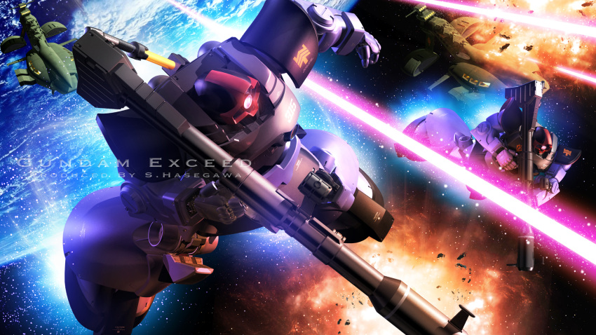 3d battle bazooka dom earth energy_beam english explosion gundam highres mecha mobile_suit_gundam musai realistic s.hasegawa science_fiction signature space space_craft star star_(sky) starry_background weapon