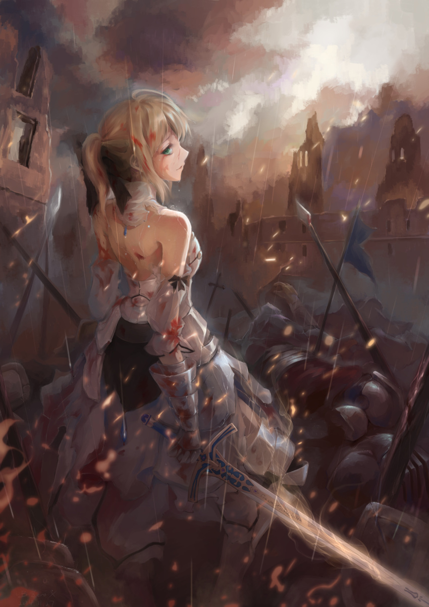 1girl ahoge armor armored_dress bare_shoulders blonde_hair blood bzerox corpse dress excalibur fate/stay_night fate/unlimited_codes fate_(series) green_eyes highres ponytail rain saber saber_lily solo sword weapon
