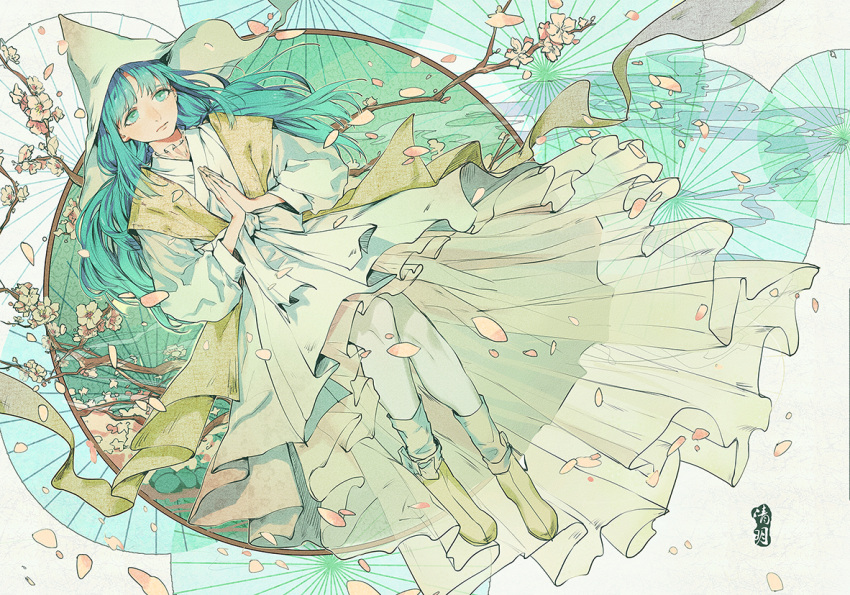 1girl bangs commentary_request flower green_eyes green_hair hands_clasped hat long_hair original petals robe signature solo witch_hat yuukaku