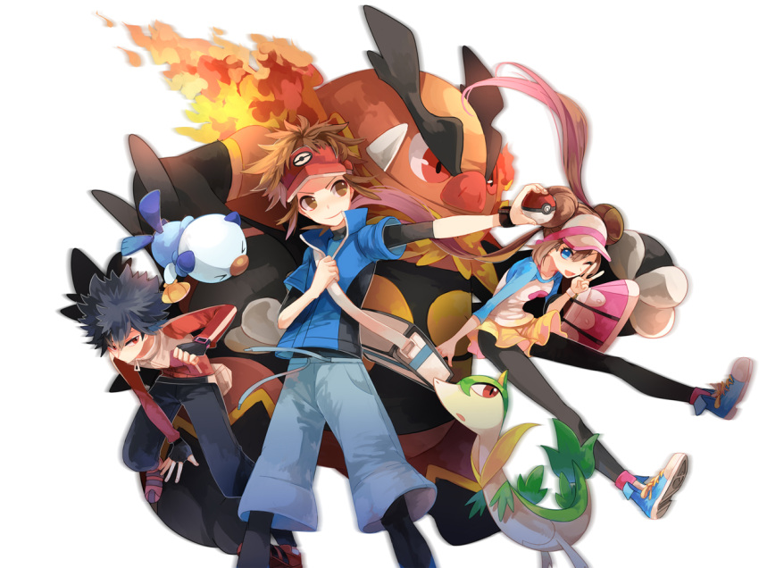 1girl 2boys bag black_hair black_legwear blue_eyes brown_eyes brown_hair double_bun emboar fingerless_gloves fire gloves handbag holding holding_poke_ball huan_li hue_(pokemon) jacket kyouhei_(pokemon) long_hair mei_(pokemon) multiple_boys open_mouth oshawott pantyhose poke_ball pokemon pokemon_(creature) pokemon_(game) pokemon_bw2 raglan_sleeves red_eyes servine shoes short_hair shorts shoulder_bag smile sneakers spiky_hair twintails v very_long_hair visor_cap watch white_background winking