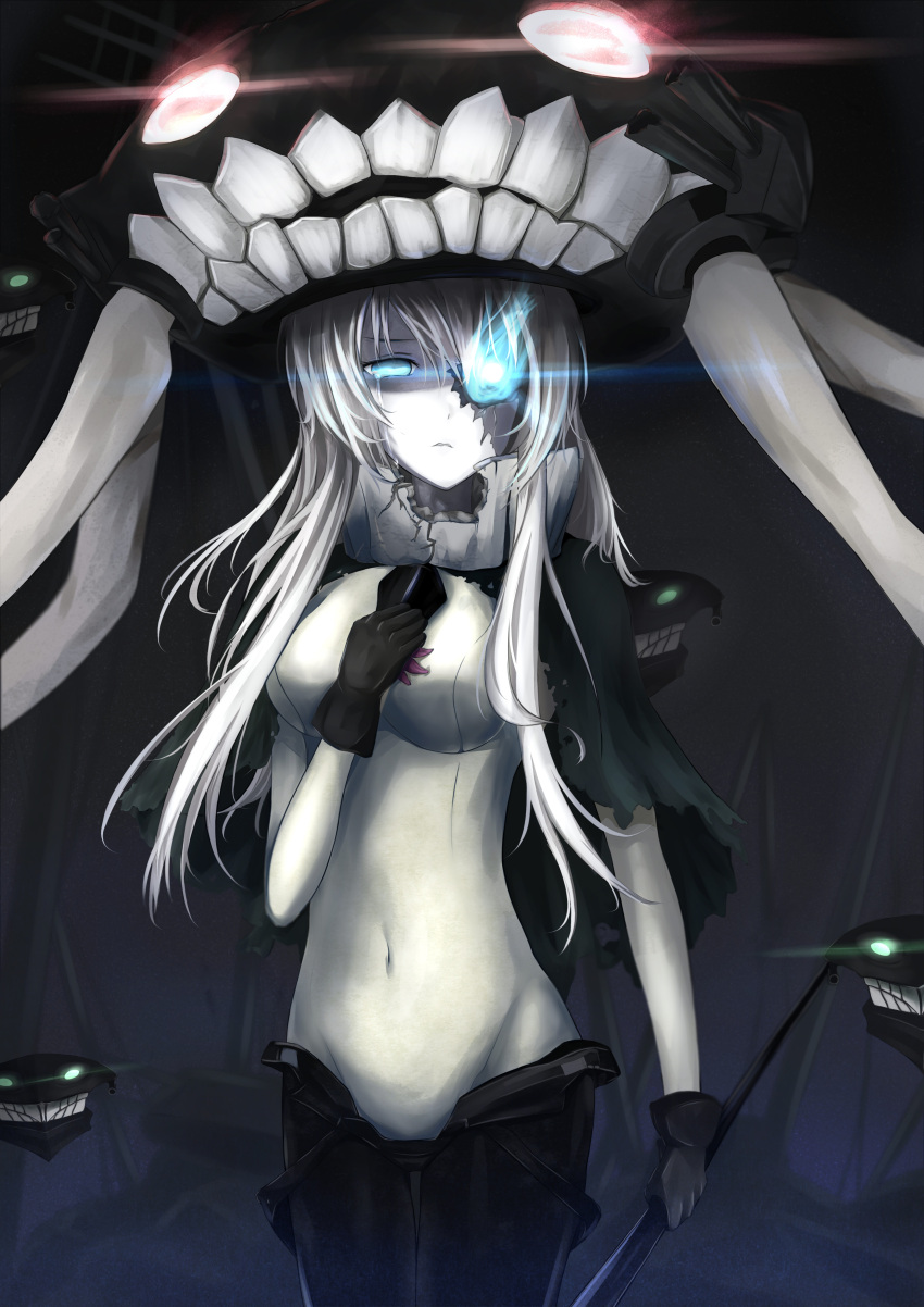 1girl absurdres artist_request black_gloves blue_eyes cane cape crying gloves glowing glowing_eyes headgear highres kantai_collection long_hair looking_at_viewer pale_skin shinkaisei-kan tentacles white_hair white_skin wo-class_aircraft_carrier