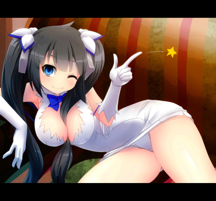1girl arm_ribbon arm_support bare_shoulders between_breasts black_hair blue_eyes blush bow breasts cleavage cleavage_cutout couch dress dungeon_ni_deai_wo_motomeru_no_wa_machigatteiru_darou_ka elbow_gloves gloves hair_between_breasts hair_ornament hair_ribbon hestia_(dungeon) highres large_breasts letterboxed long_hair looking_at_viewer lying on_couch on_side one_eye_closed panties pantyshot pantyshot_(sitting) pointing pointing_finger ribbon sitting smile star twintails underwear watarui white_dress white_gloves white_panties winking