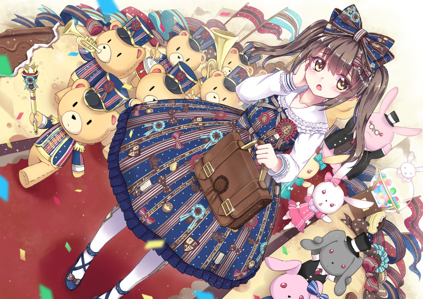 1girl band_uniform bow brown_eyes brown_hair confetti dress drum drumsticks hair_bow hand_on_own_cheek hat highres instrument lolita_fashion long_hair long_sleeves looking_at_viewer marching_band north_abyssor open_mouth original pantyhose rabbit solo stuffed_animal stuffed_bunny stuffed_toy teddy_bear top_hat trumpet twintails uniform white_legwear