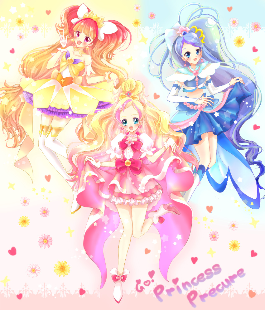 3girls :d amanogawa_kirara aqua_eyes arm_warmers blonde_hair blue_eyes blue_hair blue_skirt boots brooch copyright_name crop_top cure_flora cure_mermaid cure_twinkle earrings flower flower_earrings frills gloves go!_princess_precure hair_ribbon haruno_haruka heart highres jewelry kaidou_minami keiko. knee_boots long_hair low-tied_long_hair magical_girl multicolored_hair multiple_girls open_mouth orange_hair pink_bow pink_hair pink_skirt precure puffy_short_sleeves puffy_sleeves purple_hair quad_tails redhead ribbon shoes short_sleeves skirt skirt_lift smile streaked_hair thigh-highs thigh_boots twintails two-tone_hair v violet_eyes white_boots yellow_skirt