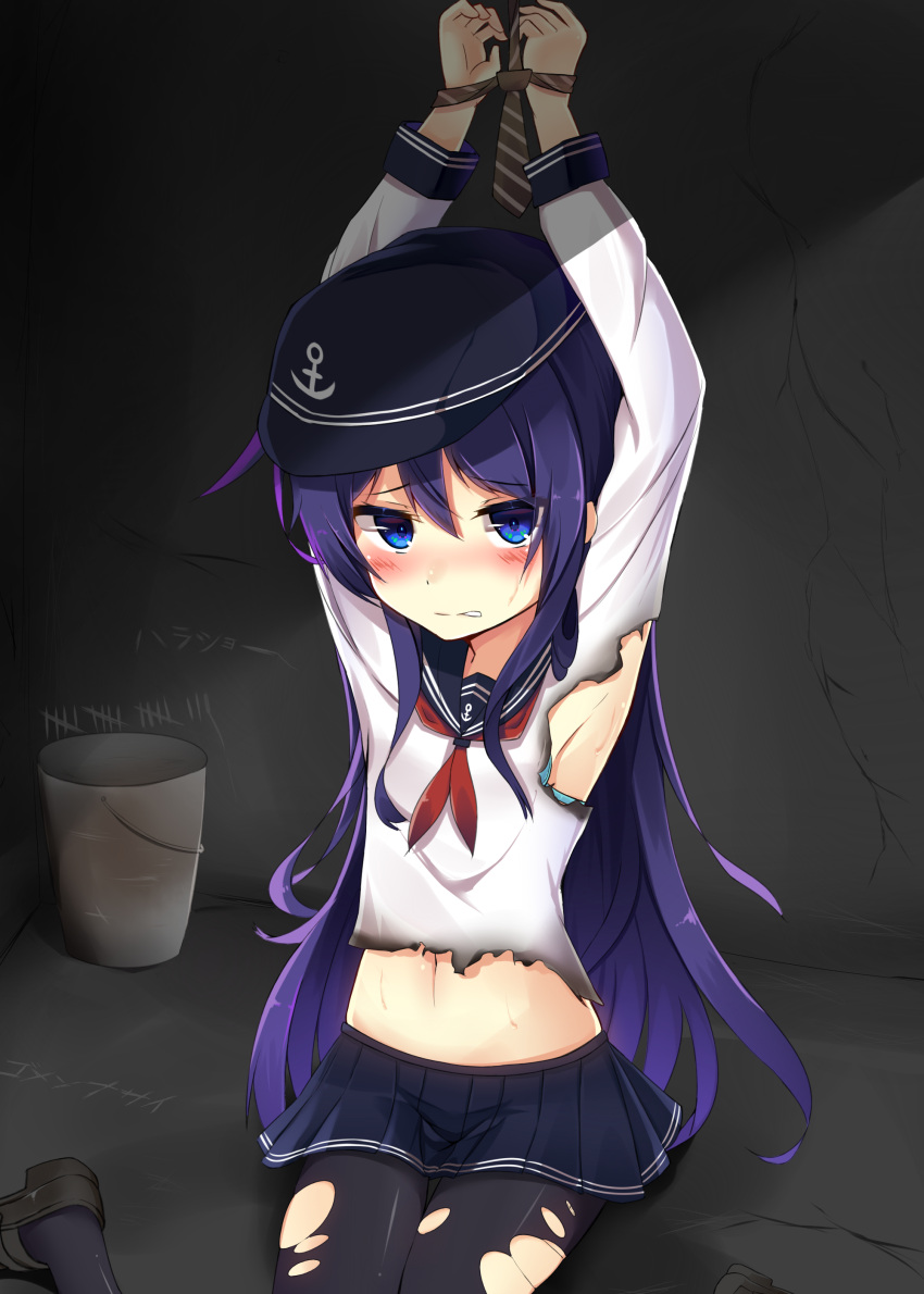 1girl absurdres anchor_symbol arms_up black_legwear blush bucket flat_cap hat highres kantai_collection loafers long_hair long_sleeves looking_at_viewer neckerchief pantyhose pleated_skirt purple_hair restrained ryu_narb sailor_collar school_uniform serafuku shoes skirt solo torn_clothes torn_pantyhose violet_eyes