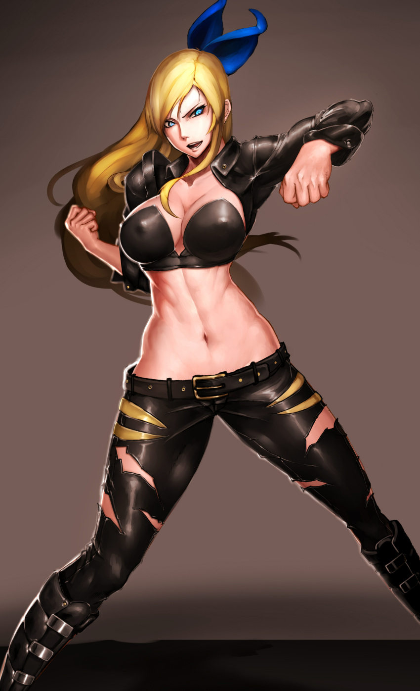 1girl absurdres blonde_hair blue_eyes bow breasts bustier clenched_hand covered_nipples cropped_jacket hair_bow highres horori_(halloweenday309) large_breasts leather leather_jacket leather_pants long_hair navel open_mouth pants solo torn_clothes torn_pants very_long_hair