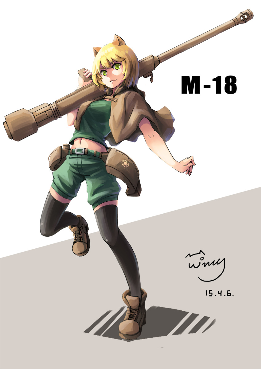 :3 animal_ears belt blonde_hair boots cannon cat_ears character_name cloak dated green_eyes gun highres m18_hellcat mecha_musume midriff military military_vehicle muzzle_brake original personification short_hair shorts signature slit_pupils thigh-highs vehicle weapon wing_(4486066) zettai_ryouiki