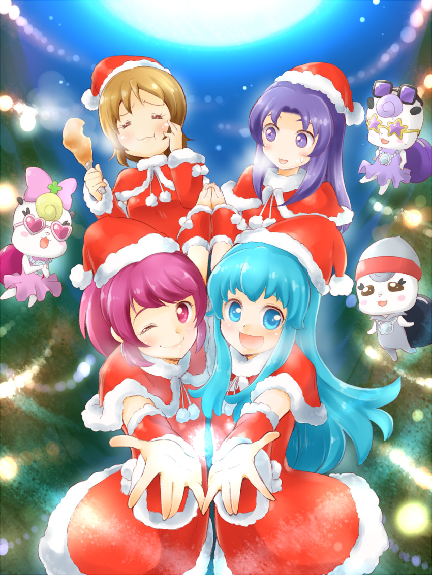 4girls aino_megumi alternate_costume arakawa_tarou blue_eyes blue_hair blush brown_hair christmas closed_eyes dress eating eyelashes gurasan_(happinesscharge_precure!) happinesscharge_precure! happy hat highres hikawa_iona long_hair looking_at_viewer mascot multiple_girls one_eye_closed oomori_yuuko open_mouth pink_eyes pink_hair ponytail precure purple_hair ribbon_(happinesscharge_precure!) santa_costume santa_hat shirayuki_hime short_hair smile violet_eyes