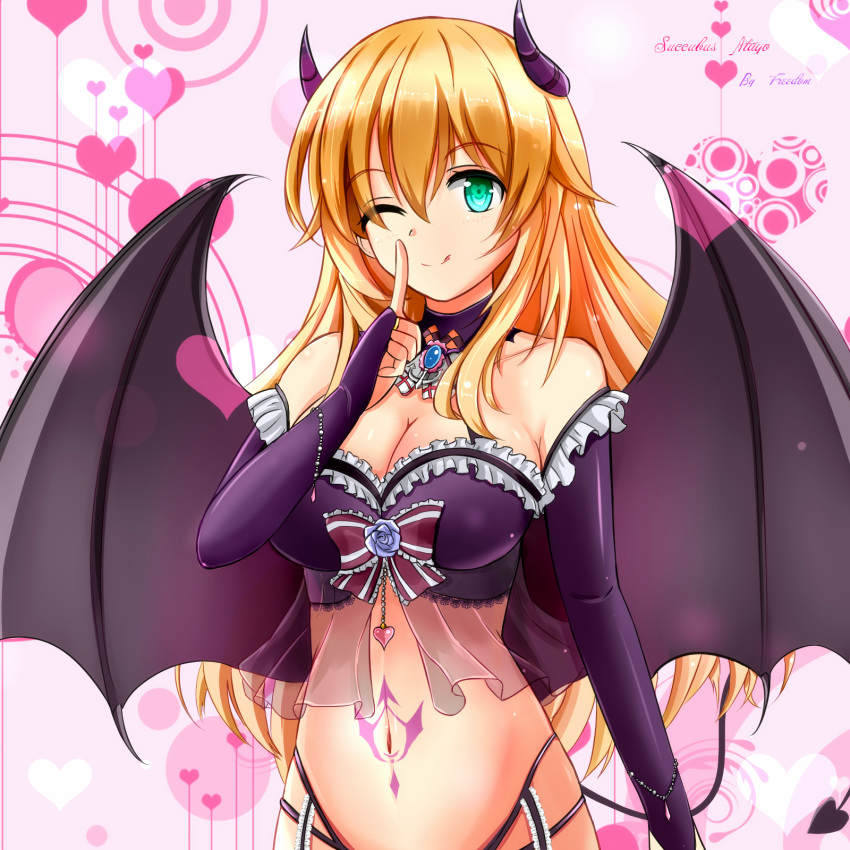 1girl ;) alternate_costume atago_(kantai_collection) bare_shoulders bat_wings blonde_hair breasts bridal_gauntlets character_name cleavage demon_girl demon_horns demon_tail female green_eyes heart highres horns kantai_collection long_hair looking_at_viewer navel one_eye_closed saber-freedom smile solo succubus tail tattoo wings