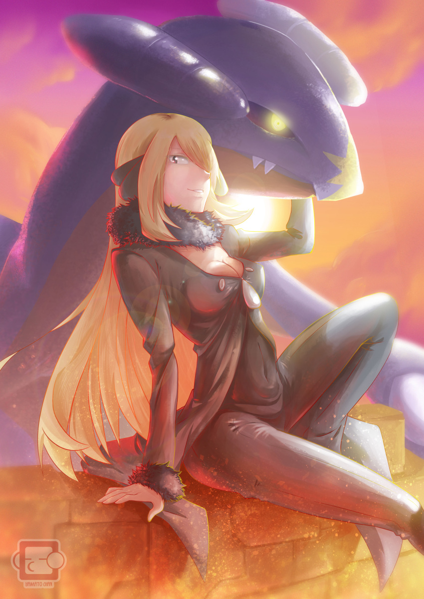 1girl absurdres blonde_hair breasts cleavage garchomp hair_ornament hair_over_one_eye hand_on_another's_chin highres long_hair petting pokemon pokemon_(creature) pokemon_(game) pokemon_dppt shirona_(pokemon) yamato_(genesisace) yellow_eyes