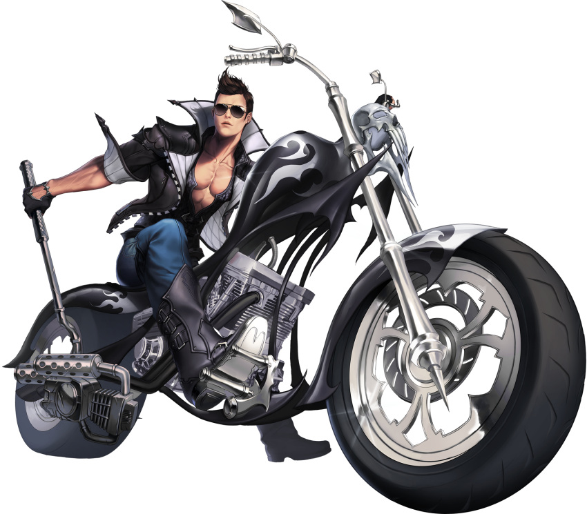 1boy aviator_glasses black_gloves boots brown_hair chaos_online gloves highres jacket kanzel_(chaos_online) looking_at_viewer love_cacao male_focus motor_vehicle motorcycle official_art open_clothes open_jacket short_hair simple_background solo sunglasses transparent_background vehicle