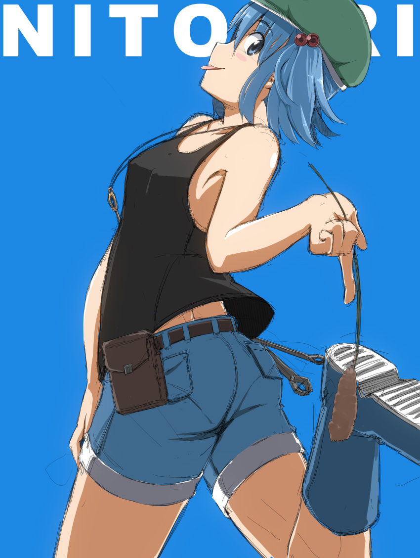 1girl absurdres bare_shoulders belt blue_background blue_boots blue_eyes blue_hair blush blush_stickers boots cattail character_name collarbone denim denim_shorts hair_bobbles hair_ornament hat highres jewelry kaauchi kawashiro_nitori key key_necklace leg_up looking_at_viewer looking_back plant rubber_boots short_hair short_shorts shorts simple_background sleeveless solo tank_top tongue tongue_out tool_belt touhou twintails wrench