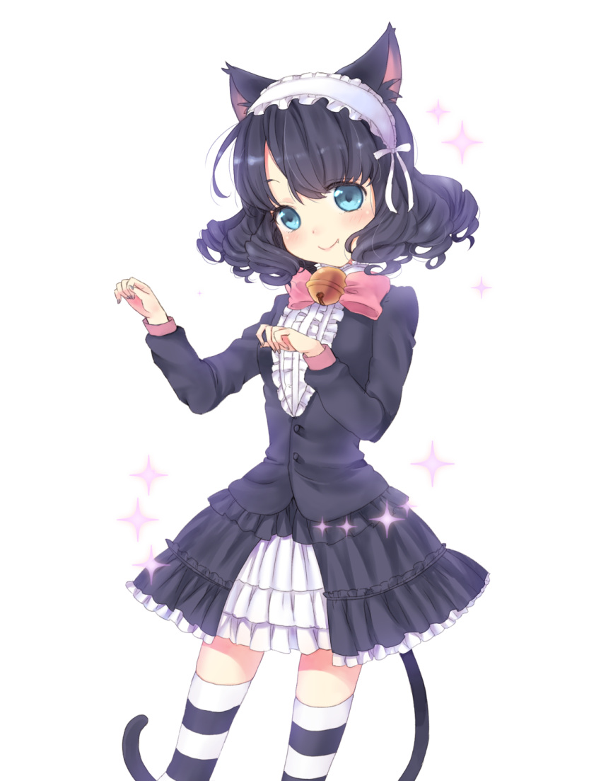 1girl :d animal_ears bell black_hair blue_eyes blush cat_ears cat_tail curly_hair cyan_(show_by_rock!!) hair_ornament happy hidari_(coletica) highres jingle_bell looking_at_viewer open_mouth ruffled_skirt show_by_rock!! simple_background smile solo standing striped striped_legwear tail thigh-highs thighs white_background
