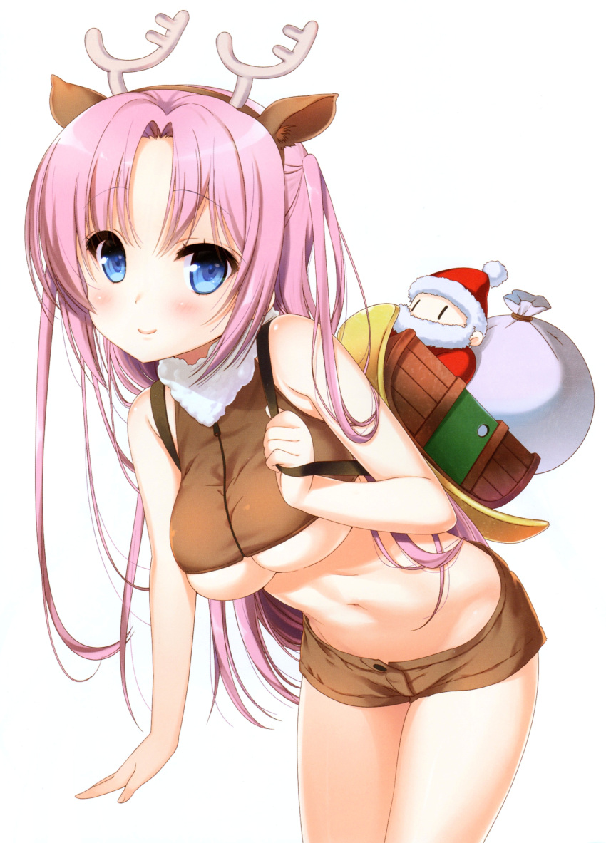 1girl absurdres animal_costume antlers backpack bag bare_shoulders beard blue_eyes blush breasts character_request crop_top facial_hair hat highres jinsei large_breasts long_hair midriff mound_of_venus nanase_meruchi navel official_art pink_hair reindeer_antlers reindeer_costume reindeer_ears sack santa_costume santa_hat scan short_shorts shorts simple_background sleigh solo toy under_boob very_long_hair white_background