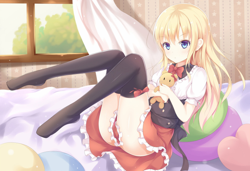 1girl black_legwear blonde_hair blue_eyes bow kagami_(galgamesion) long_hair original pillow skirt solo stuffed_animal stuffed_toy teddy_bear thigh-highs window