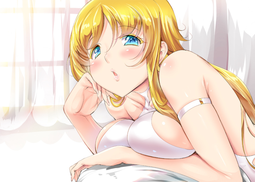 1girl :o arm_strap bare_arms blonde_hair blue_eyes blush breasts chin_rest cleavage long_hair looking_at_viewer open_mouth original sideboob solo usyuuri