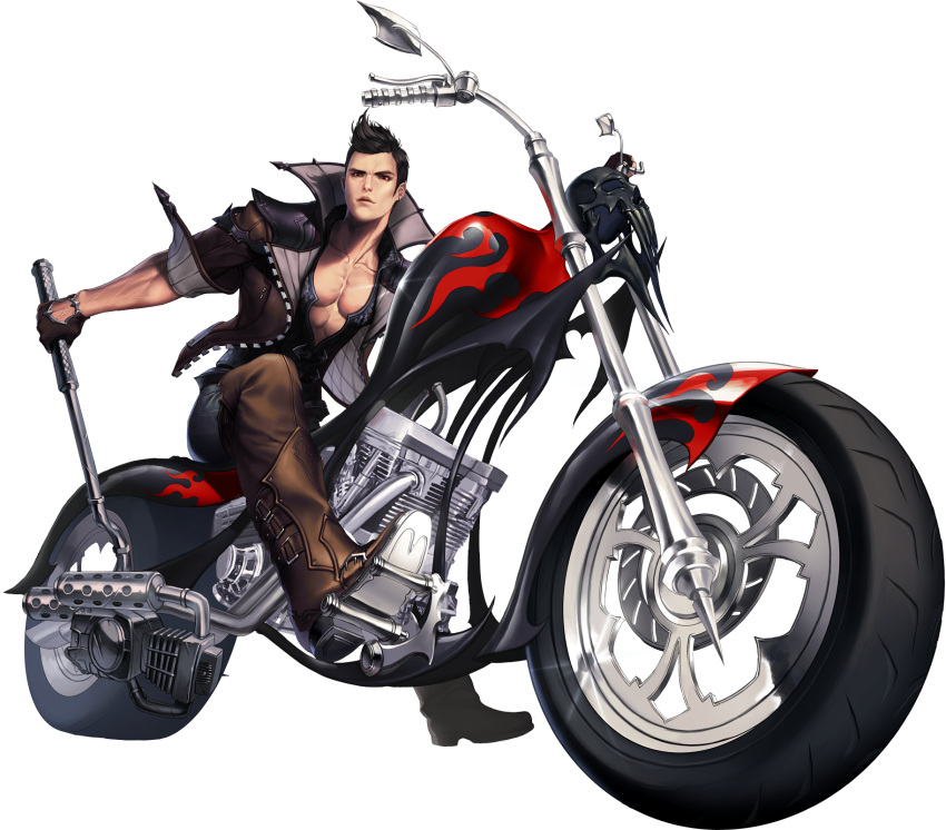 1boy black_hair boots brown_gloves chaos_online gloves highres jacket kanzel_(chaos_online) looking_at_viewer love_cacao male_focus motor_vehicle motorcycle official_art open_clothes open_jacket red_eyes short_hair simple_background solo transparent_background vehicle