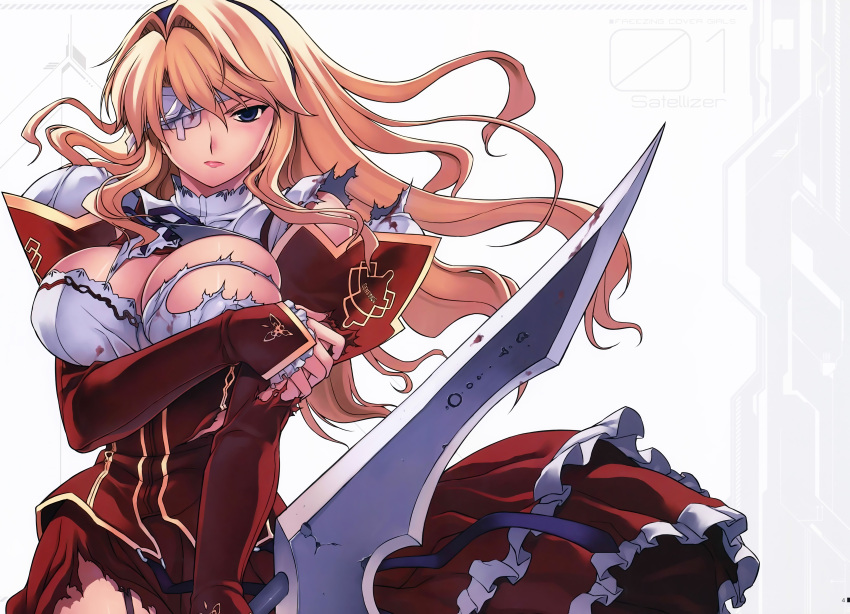 1girl absurdres bangs black_ribbon blonde_hair blue_eyes blush bow breasts cleavage cleavage_cutout detached_sleeves dress eyepatch freezing frilled_skirt frills garter_straps hair_between_eyes hairband highres huge_filesize kim_kwang_hyun large_breasts lips long_hair long_skirt long_sleeves no_bra official_art parted_bangs parted_lips ribbon satellizer_el_bridget scan school_uniform shirt skirt sleeves_past_wrists solo sword torn_clothes turtleneck weapon white_legwear