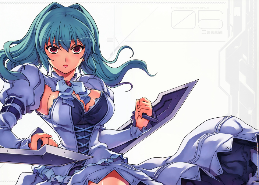 1girl absurdres aqua_hair blush breasts cassie_lockheart cleavage fingerless_gloves freezing gloves highres huge_filesize kim_kwang_hyun lips lipstick long_hair makeup official_art open_mouth red_eyes scan simple_background solo sword weapon white_background
