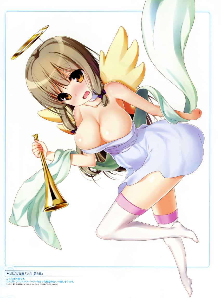 1girl absurdres angel_wings bare_shoulders blonde_hair book breasts brown_eyes cleavage collarbone dress hair_ribbon halo highres horn_(instrument) instrument jinsei kujou_fumi large_breasts mole mole_under_eye nanase_meruchi official_art open_mouth ribbon scan shawl short_sleeves simple_background skindentation smile solo thigh-highs tress_ribbon white_background white_dress white_legwear wings