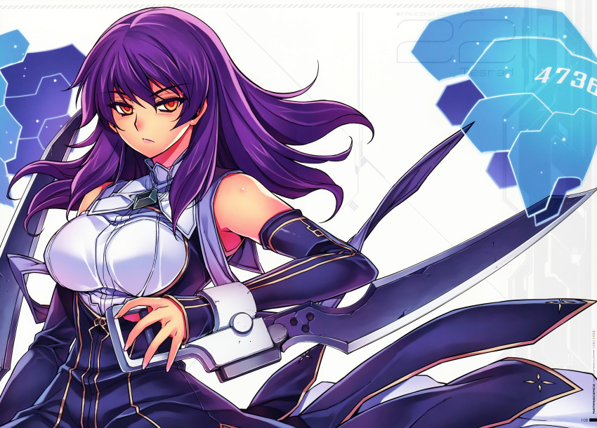 1girl absurdres bare_shoulders cleavage_cutout dress fingerless_gloves freezing gloves highres huge_filesize kim_kwang_hyun lips long_hair looking_at_viewer official_art orange_eyes parted_lips purple_hair scan sleeveless sleeveless_dress solo sword weapon