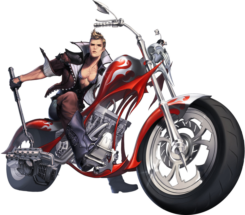 1boy black_gloves blonde_hair boots chaos_online gloves highres jacket kanzel_(chaos_online) looking_at_viewer love_cacao male_focus motor_vehicle motorcycle official_art open_clothes open_jacket red_eyes short_hair simple_background solo transparent_background vehicle