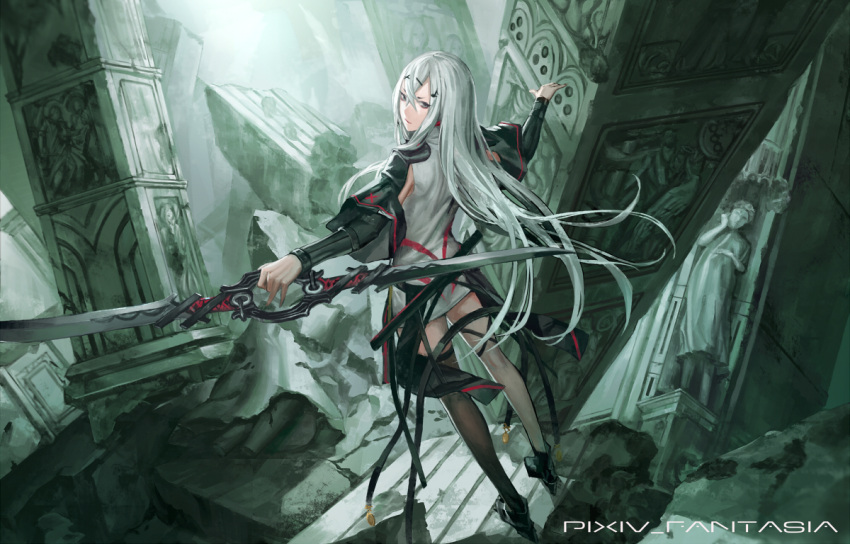 1girl bangs black_boots black_legwear boots copyright_name double-blade dress grey_eyes hair_ornament hairclip holding_weapon infukun layered_sleeves long_hair long_sleeves looking_back original outstretched_arms pixiv_fantasia_t ruins silver_hair solo spread_arms statue thigh-highs very_long_hair white_dress white_legwear