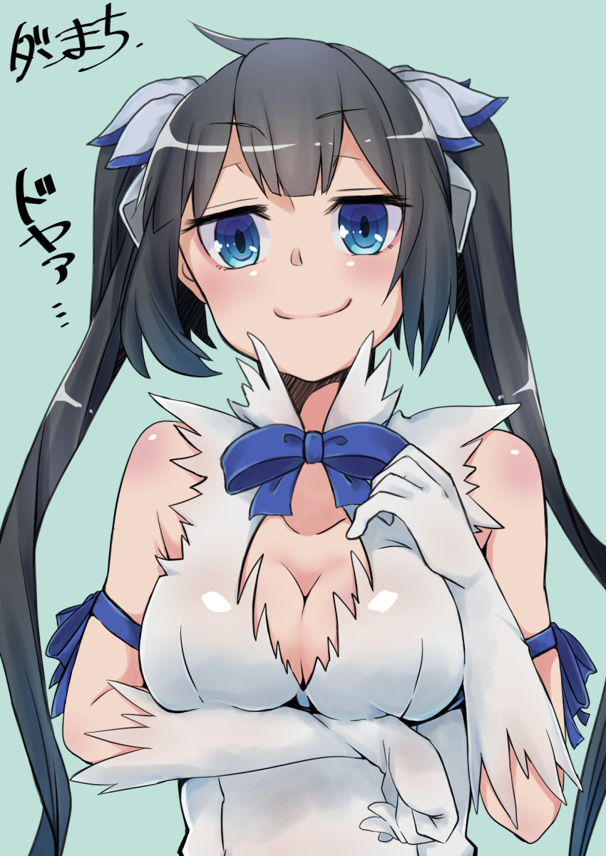 1girl aqua_eyes arm_ribbon bare_shoulders black_hair blue_eyes blue_ribbon bow bowtie breast_hold breasts cleavage cleavage_cutout collarbone dress dungeon_ni_deai_wo_motomeru_no_wa_machigatteiru_darou_ka elbow_gloves gloves green_background hair_ornament hair_ribbon hand_on_own_chest hestia_(danmachi) highres holding_elbow large_breasts long_hair looking_at_viewer ribbon short_dress simple_background sleeveless sleeveless_dress smile solo twintails upper_body white_dress white_gloves