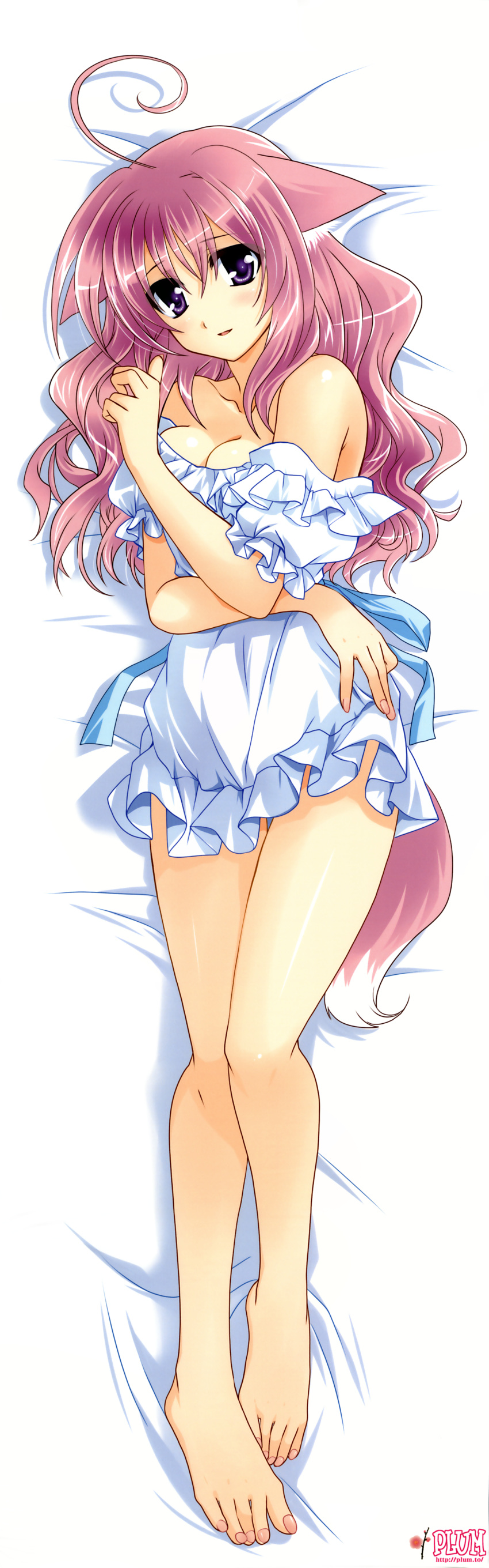 1girl absurdres ahoge animal_ears apron bare_legs breasts cleavage dakimakura dog_days dog_ears dog_tail highres kanna_(plum) long_hair millhiore_f_biscotti naked_apron pink_hair tagme tail violet_eyes