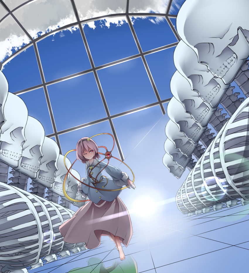 1girl backlighting barefoot blouse blue_sky clouds commentary_request different_reflection frilled_sleeves frills hairband highres kanibaru komeiji_koishi komeiji_satori lens_flare long_skirt long_sleeves one_eye_closed perspective purple_hair purple_skirt red_eyes reflection reflective_floor short_hair side_glance skeleton skirt sky solo sun sunlight third_eye touhou walking when_you_see_it window
