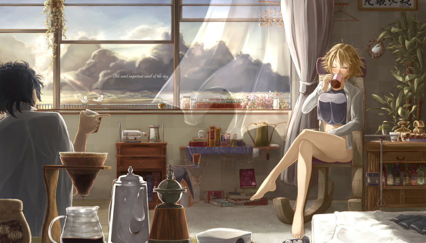 admiral_(kantai_collection) bird blush book bottle chair clouds coffee_mug crossed_legs curtains english error_musume highres kantai_collection messy_hair mutsu_(kantai_collection) plant ship_in_a_bottle short_hair tea to6_l window