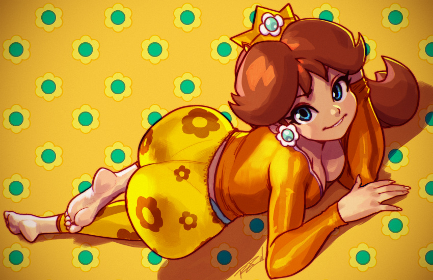 1girl absurdres ass barefoot blue_eyes breasts brown_hair casual cleavage crown downblouse earrings feet highres huge_ass huge_filesize jewelry long_hair lying super_mario_bros. nintendo on_stomach pantylines polka_dot polka_dot_background princess_daisy robert_porter signature soles solo super_mario_bros. toes wide_hips