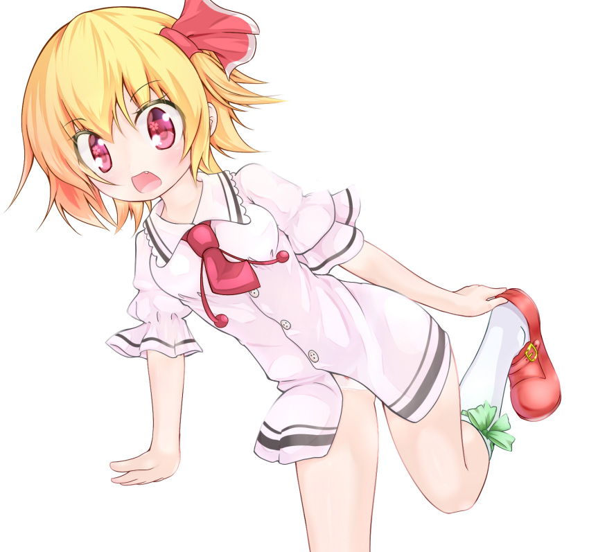 1girl blonde_hair cherry_blossoms fang folded_leg gplnbeat hair_ribbon hand_on_foot highres kneehighs leaning_forward looking_at_viewer necktie no_pants open_mouth panties red_eyes ribbon ribbon-trimmed_legwear ribbon_trim rumia short_hair short_sleeves simple_background solo standing_on_one_leg touhou underwear white_background white_legwear white_panties
