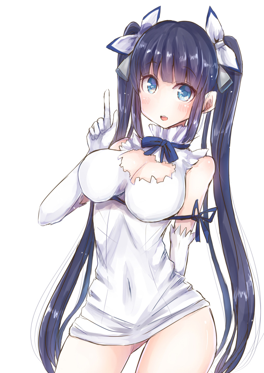 1girl arm_behind_back black_hair blue_eyes breasts cleavage cleavage_cutout covered_navel cowboy_shot dress dungeon_ni_deai_wo_motomeru_no_wa_machigatteiru_darou_ka elbow_gloves gloves hestia_(danmachi) highres large_breasts long_hair looking_at_viewer mochiko_(mocchikkoo) open_mouth pointing pointing_up simple_background solo twin twintails white_background white_dress white_gloves