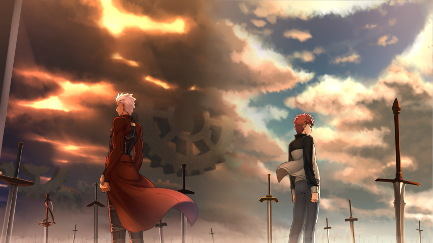 2boys absurdres archer back-to-back emiya_shirou fate/stay_night fate_(series) highres kotera_ryou multiple_boys raglan_sleeves redhead sword unlimited_blade_works weapon white_hair