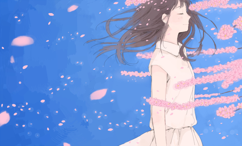 1girl bangs blue_sky brown_hair cherry_blossoms closed_eyes collared_shirt dress from_side highres hinao_(flowerrabbit2348) original petals shirt sky solo white_dress