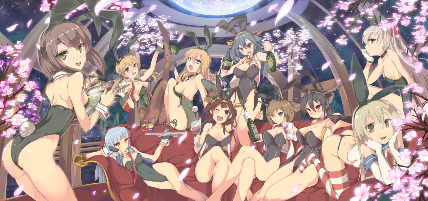 6+girls absurdres alcohol amatsukaze_(kantai_collection) animal_ears artist_request bare_shoulders bismarck_(kantai_collection) black_hair blonde_hair breasts bunny_girl bunnysuit cherry_blossoms elbow_gloves fairy_(kantai_collection) gloves hairband haruna_(kantai_collection) headgear highres kantai_collection kongou_(kantai_collection) long_hair multiple_girls murakumo_(kantai_collection) mutsu_(kantai_collection) nagato_(kantai_collection) pantyhose prinz_eugen_(kantai_collection) rabbit_ears red_eyes shimakaze_(kantai_collection) striped striped_legwear taihou_(kantai_collection) thigh-highs wine