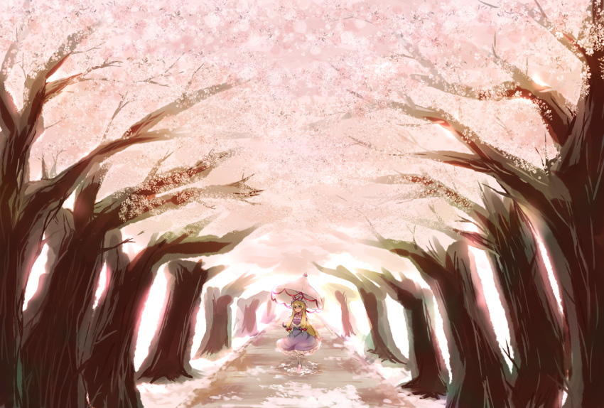 1girl backlighting blonde_hair bow breasts cherry_blossoms dress elbow_gloves forest frilled_dress frills gloves hair_bow hat hat_ribbon highres holding_umbrella kneehighs light long_hair looking_at_viewer mob_cap nature path patterned petals pmx purple_dress red_shoes ribbon road shoe_ribbon shoes smile solo standing touhou tree umbrella very_long_hair violet_eyes white_gloves white_legwear yakumo_yukari