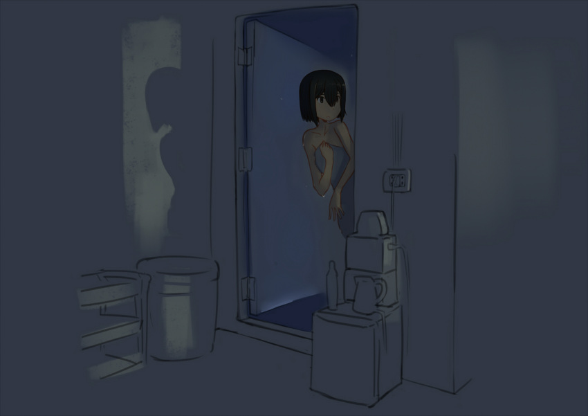 1girl basket black_eyes black_hair cup darkness erica_(naze1940) looking_outside naked_towel original shadow short_hair solo towel wet