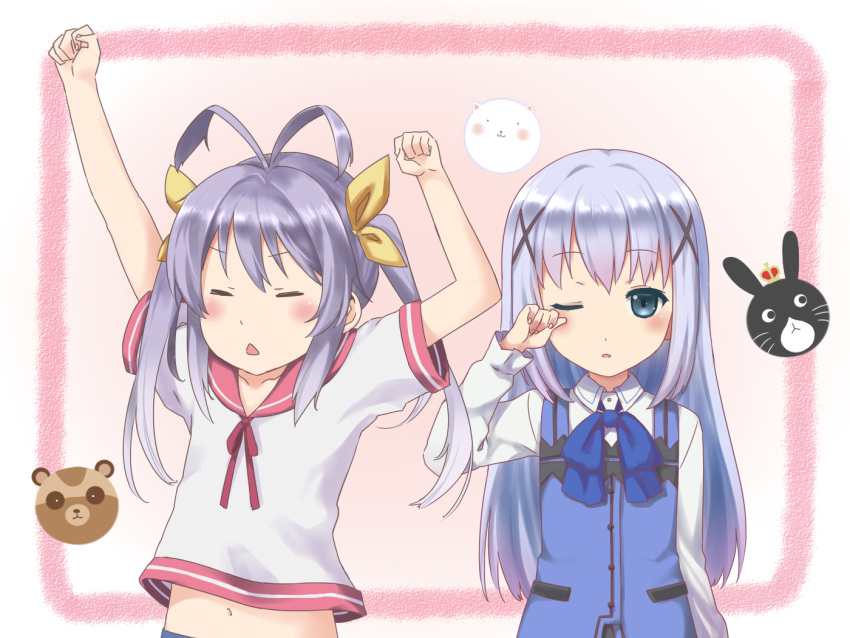 ahoge blue_eyes blue_hair closed_eyes crossover gochuumon_wa_usagi_desu_ka? kafuu_chino long_hair midriff miyauchi_renge non_non_biyori one_eye_closed purple_hair ribbon shirt sleepy stretch twintails